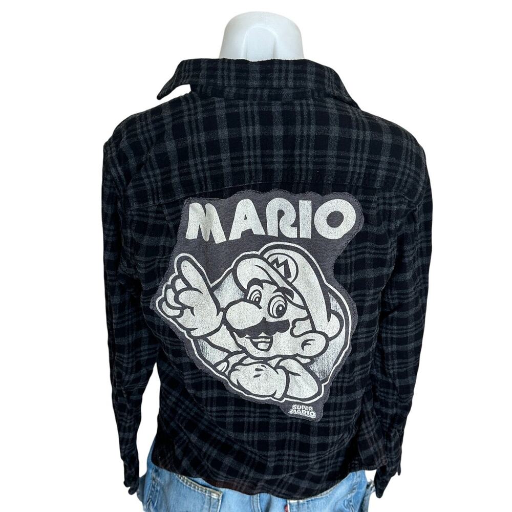 Mario Plaid Flannel Shirt SMALL Oversized Upcycle Unique Gamer KIdcore Geek
